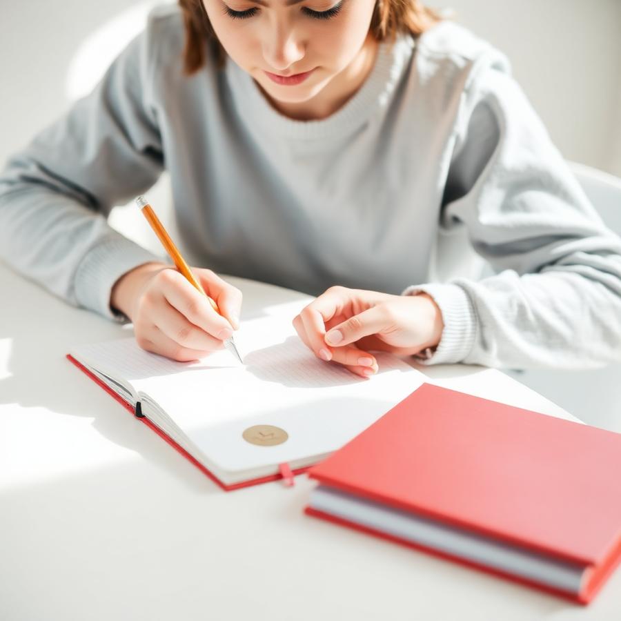 Aluna concentrada durante o estudo com material didático